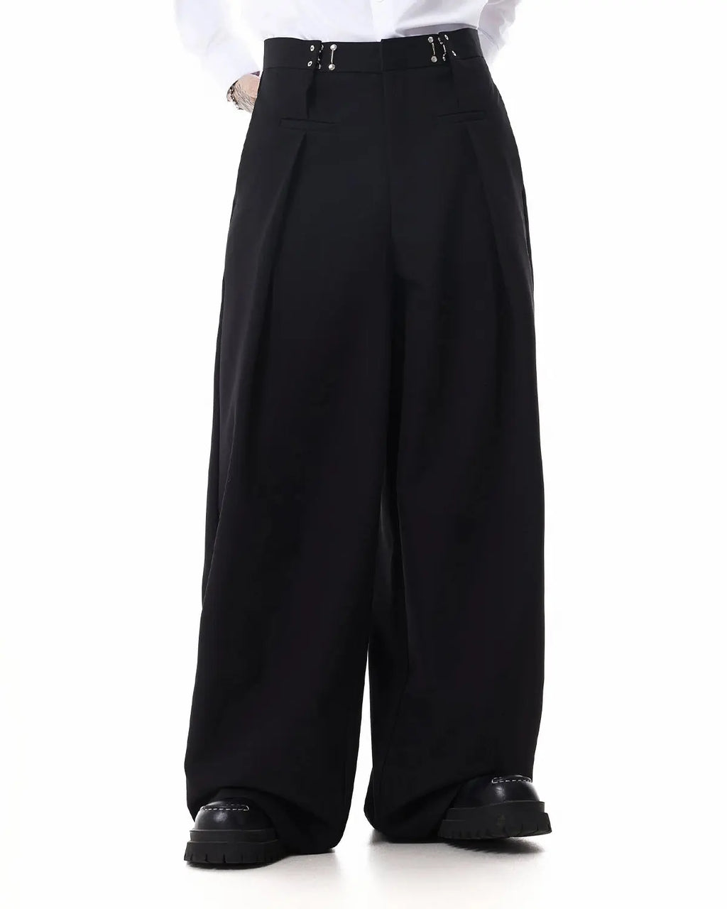 Metal hook wide-leg suit pants by INFLATION Streetwear featuring tailored fit and stylish design, displayed on a white background.