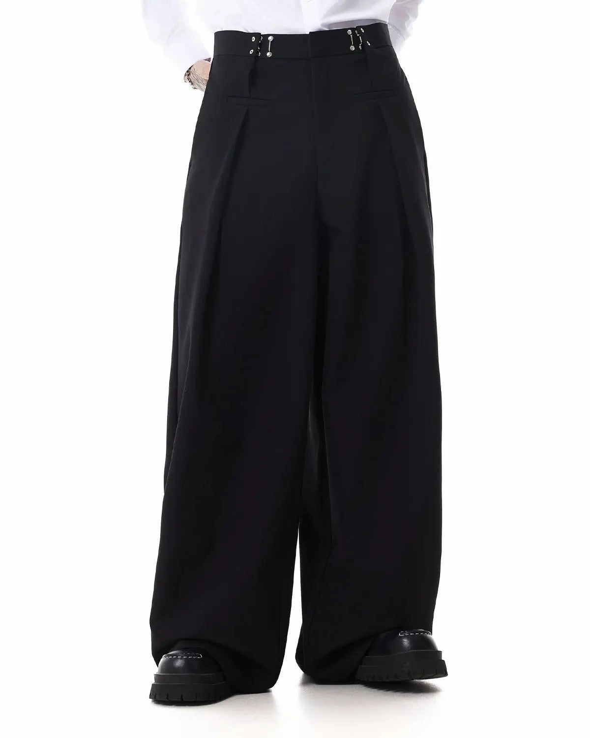 Metal hook wide-leg suit pants by INFLATION Streetwear featuring tailored fit and stylish design, displayed on a white background.