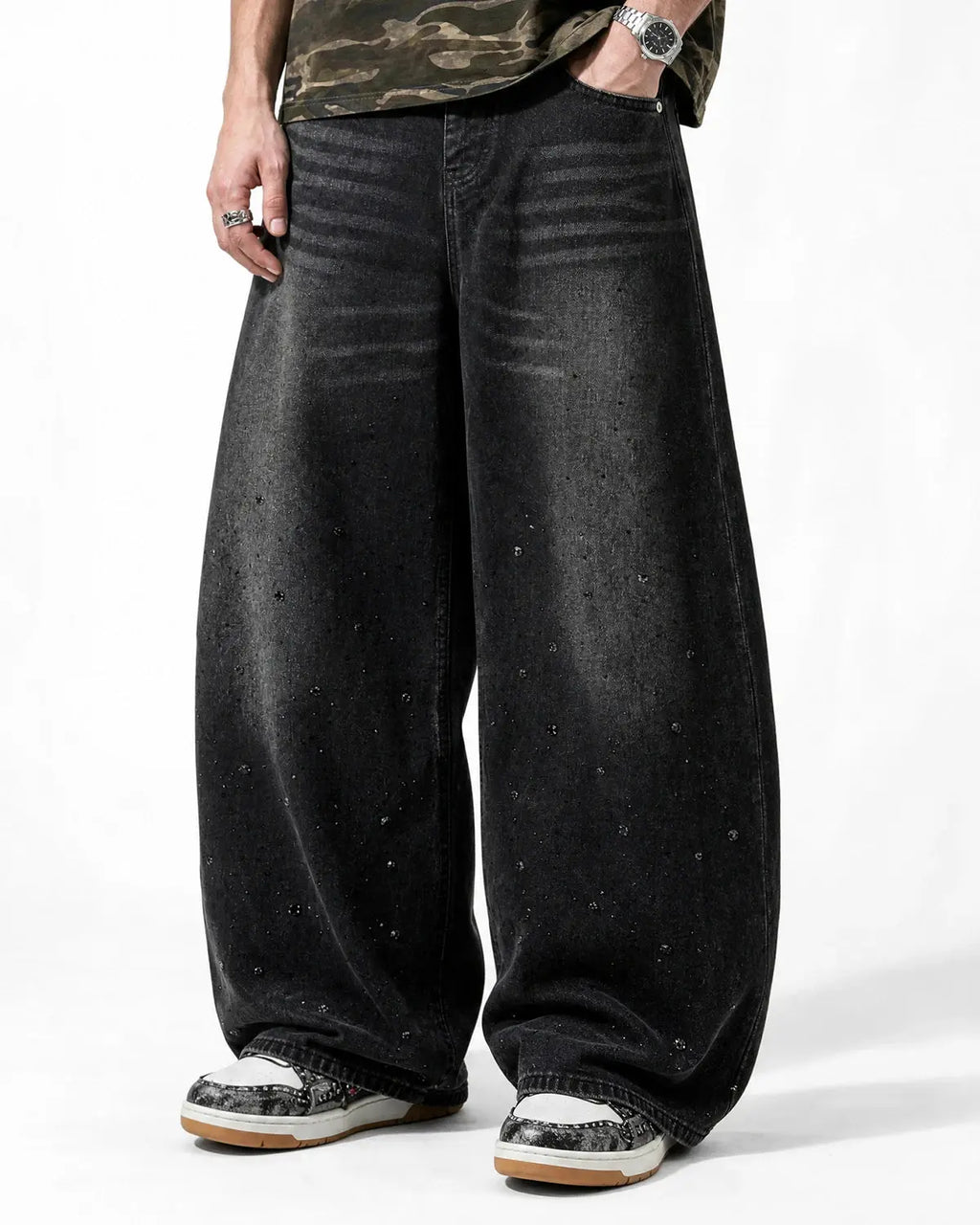 Vintage washed rhinestone barrel jeans by INFLATION featuring distress details and a relaxed streetwear fit.