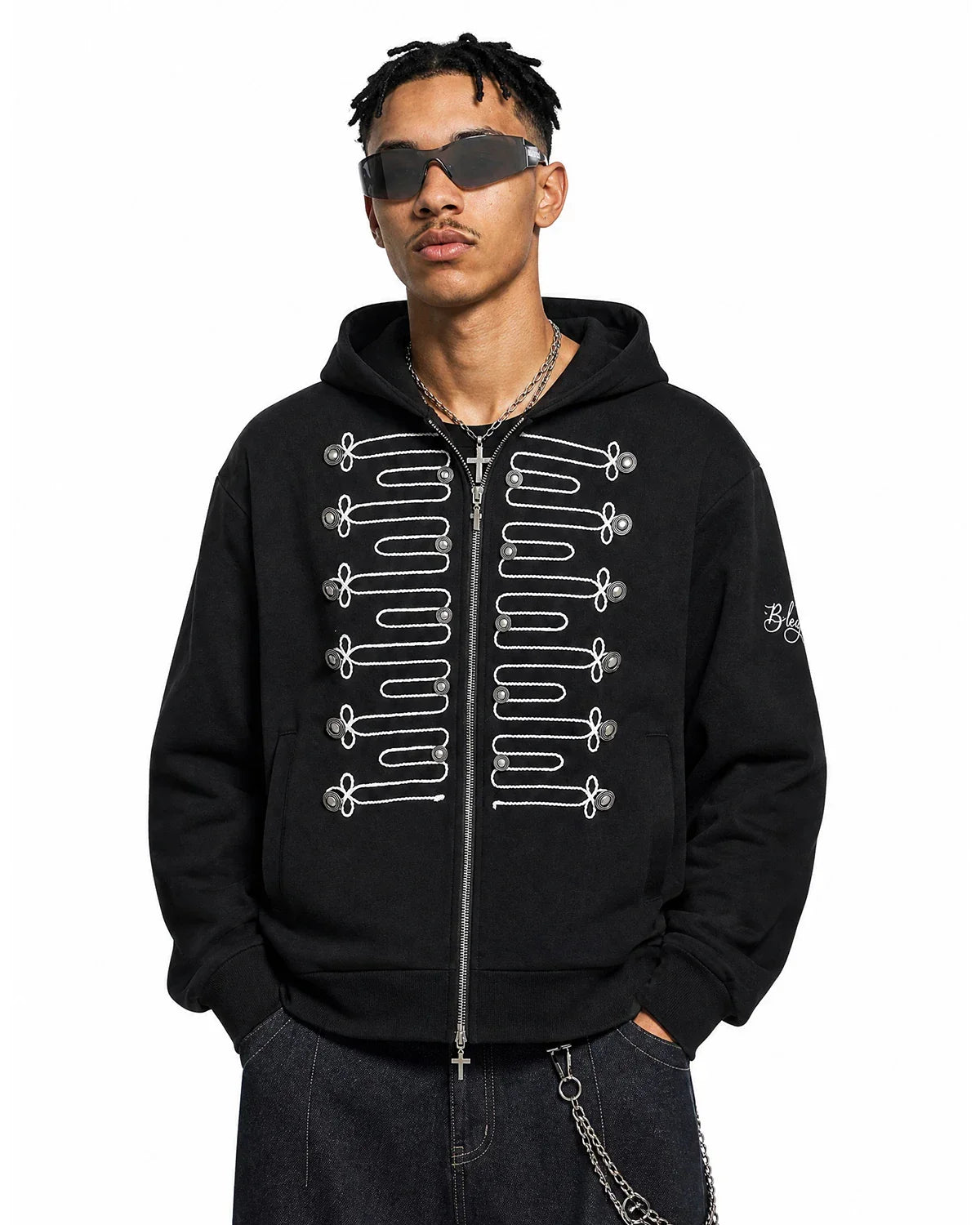 Inflation Streetwear braided embroidery boxy zip-up hoodie, casual streetwear hoodie with detailed embroidery and a relaxed fit.