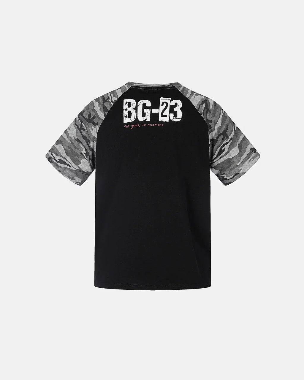 Inflation Streetwear camo sleeve graphic boxy T-shirt with bold print on the front and camouflage accents on the sleeves.