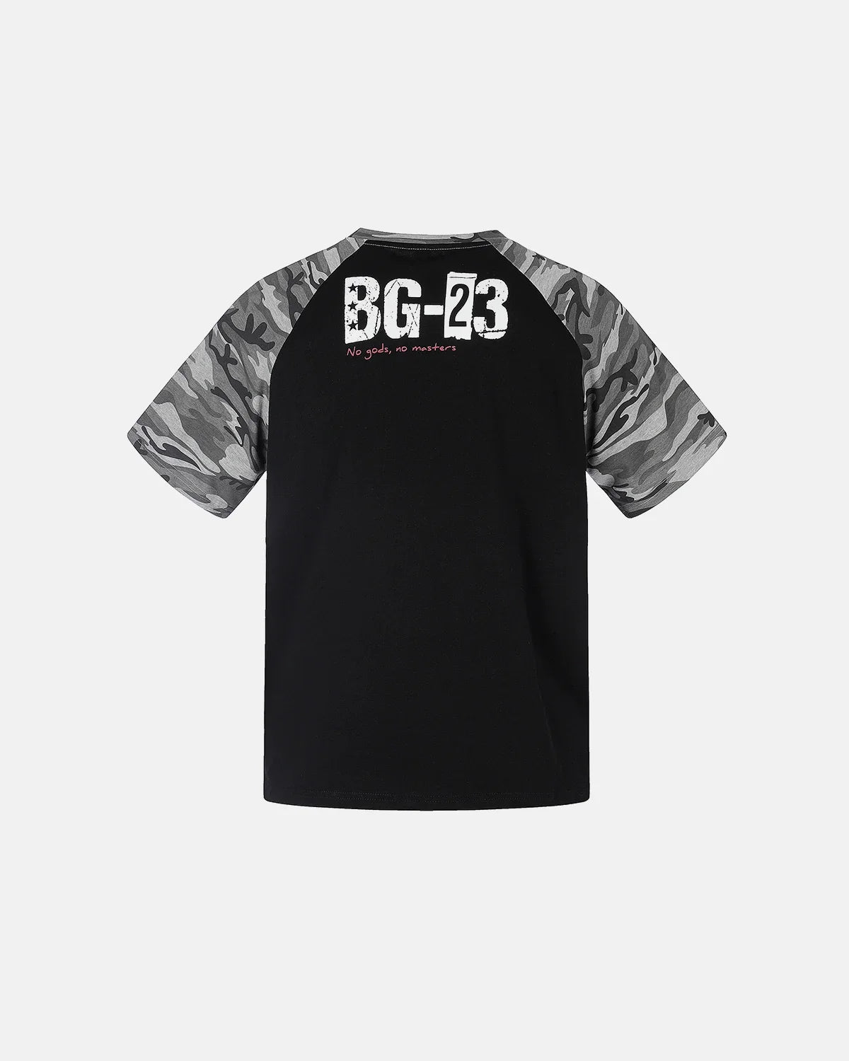 Inflation Streetwear camo sleeve graphic boxy T-shirt with bold print on the front and camouflage accents on the sleeves.