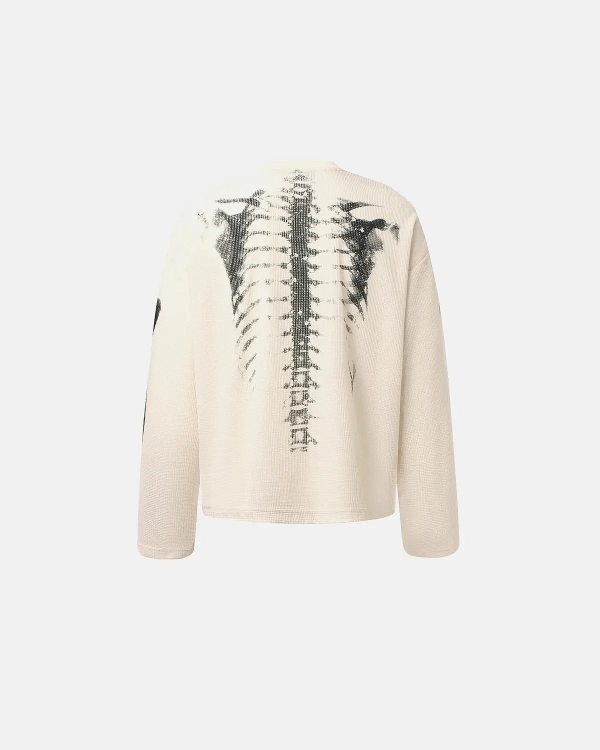Inflation Skeleton Graphic Washed Long Sleeve shirt featuring a skeleton print on soft, faded fabric, streetwear style.
