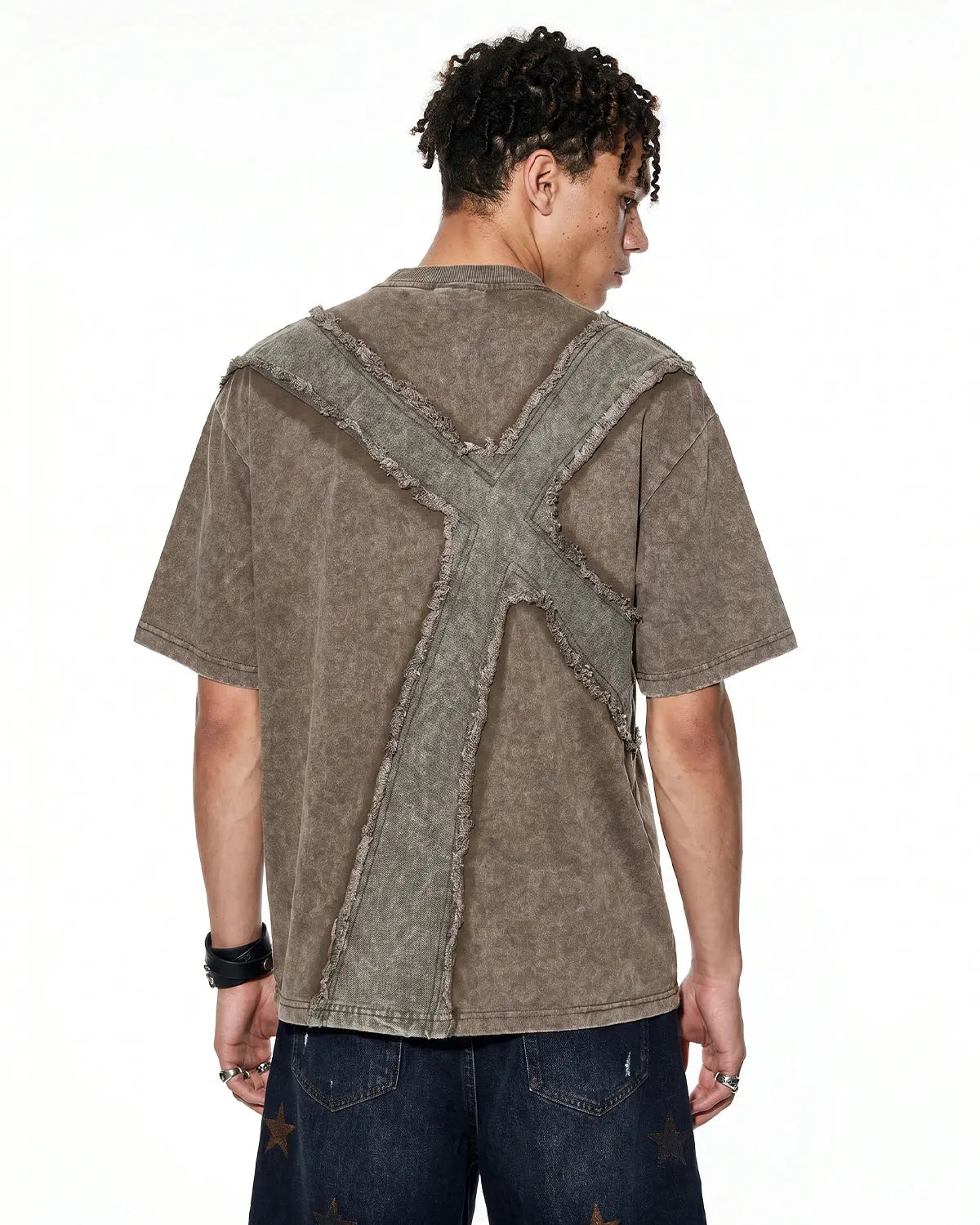 Deconstructed Cross Washed T-Shirt by INFLATION, streetwear style, featuring distressed fabric and casual fit.