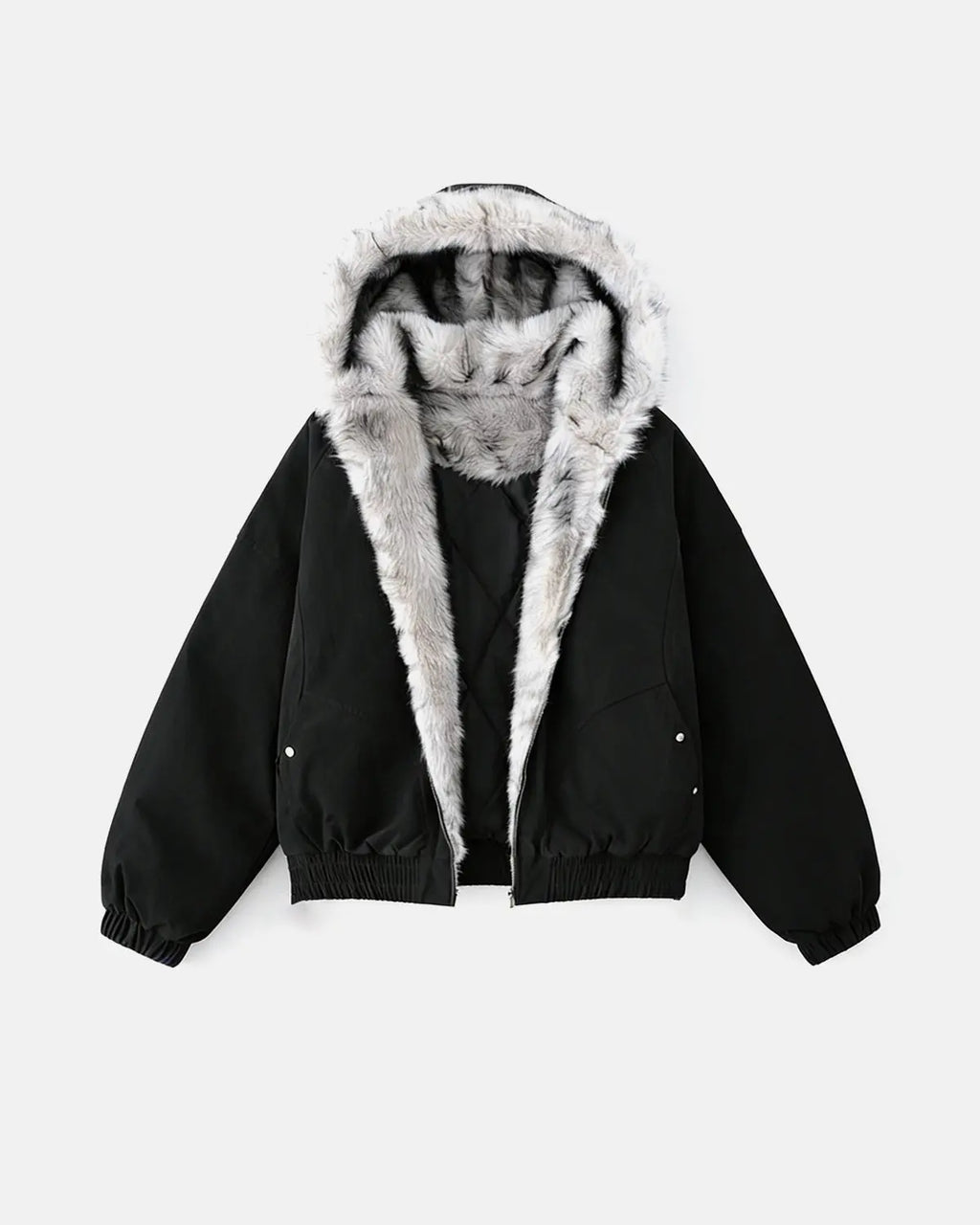 Inflation streetwear faux fur lined padded bomber jacket with a quilted design and ribbed cuffs, displayed on a hanger.