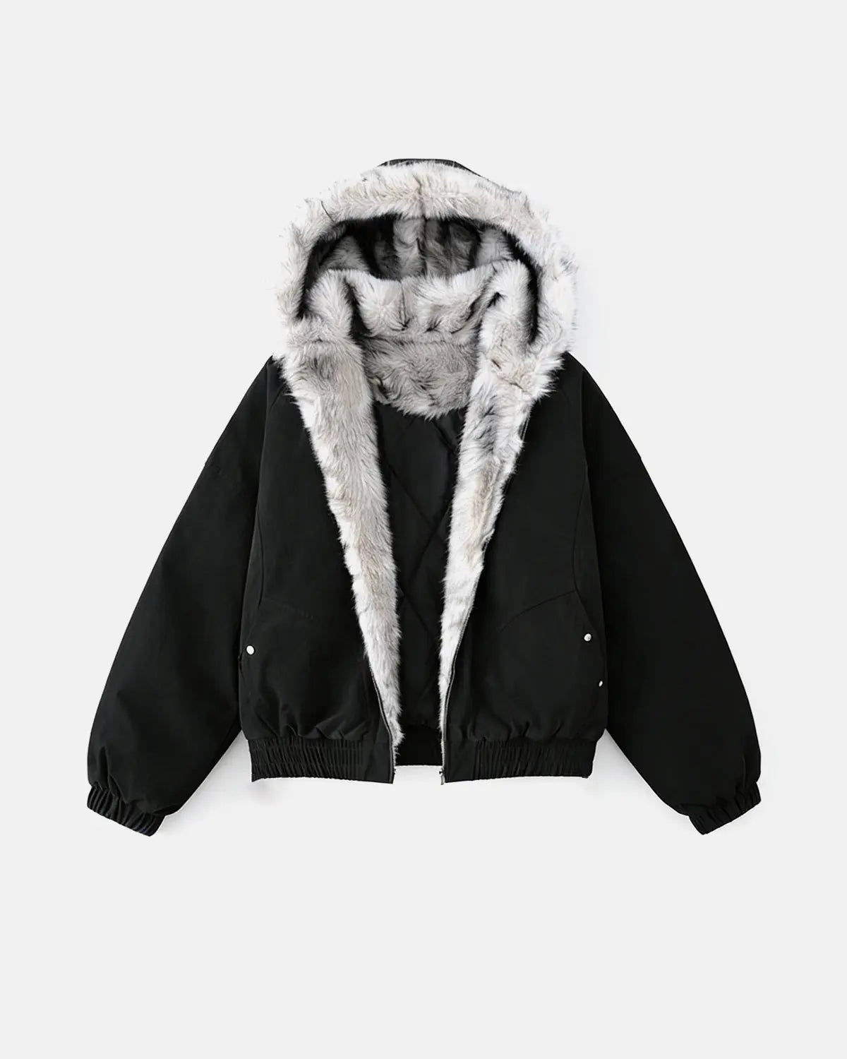 Inflation streetwear faux fur lined padded bomber jacket with a quilted design and ribbed cuffs, displayed on a hanger.