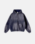 Acid washed zip-up hoodie from Flation Streetwear, featuring a casual fit and distressed fabric, displayed on a hanger.