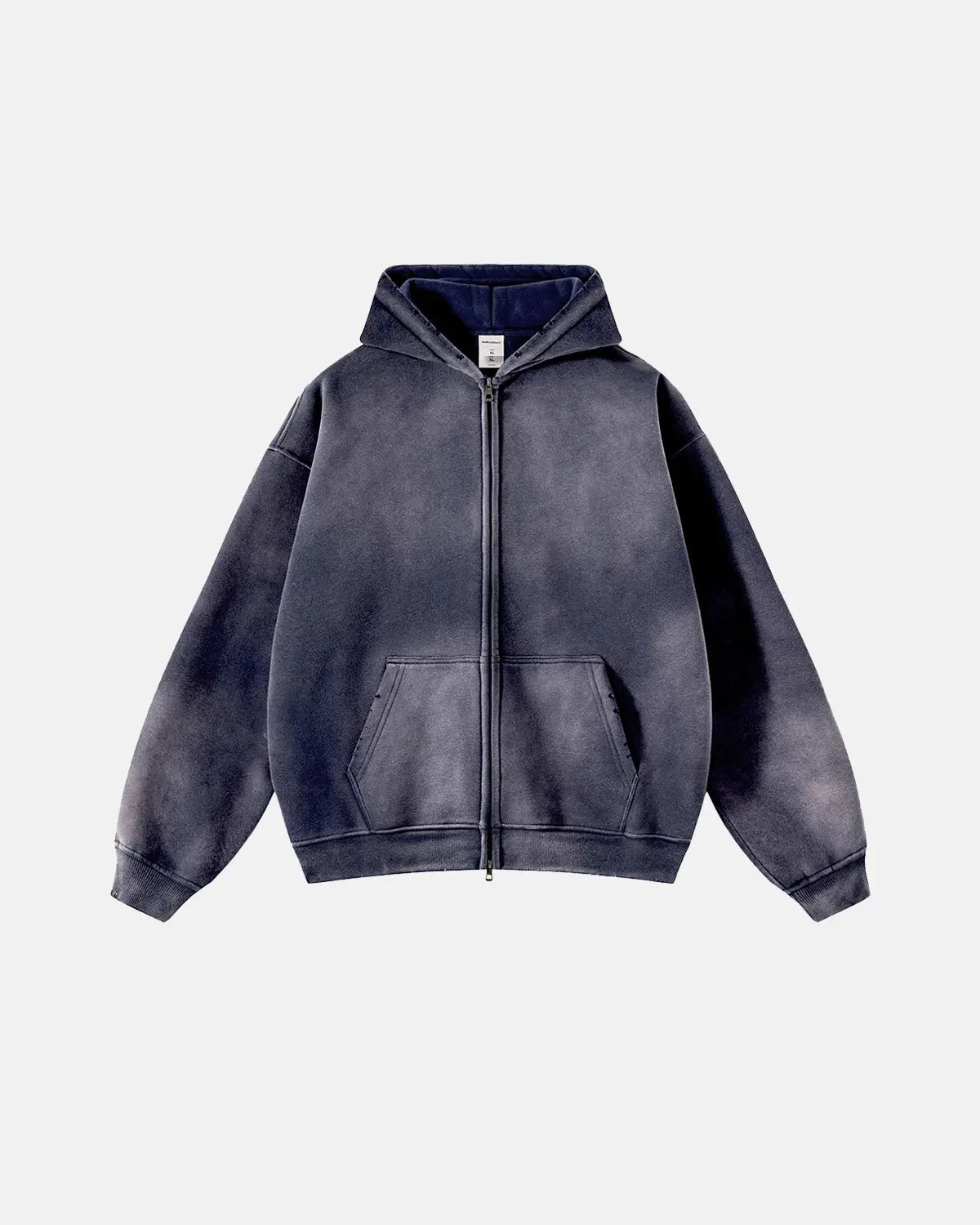 Acid washed zip-up hoodie from Flation Streetwear, featuring a casual fit and distressed fabric, displayed on a hanger.