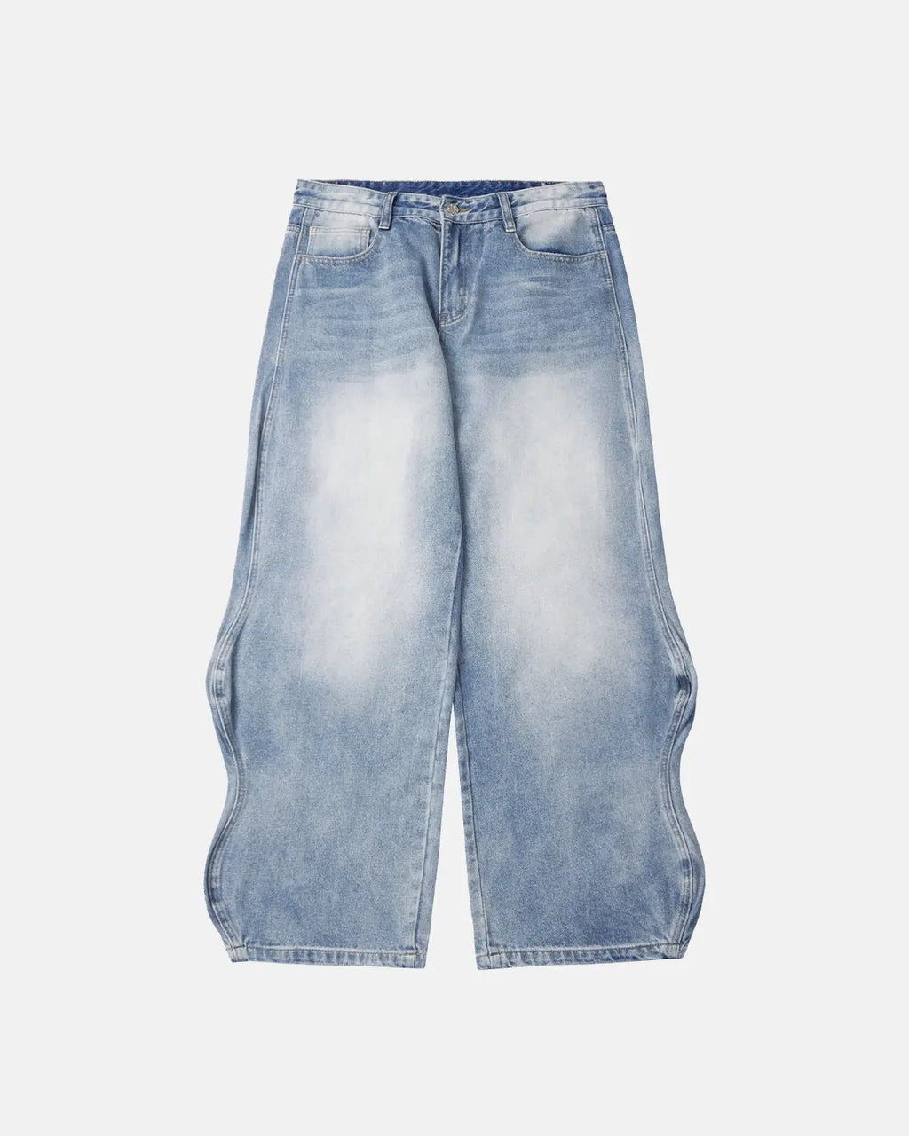 InflationUS Wave Washed Baggy Jeans, relaxed fit denim pants with faded wash and loose style, displayed on a hanger.