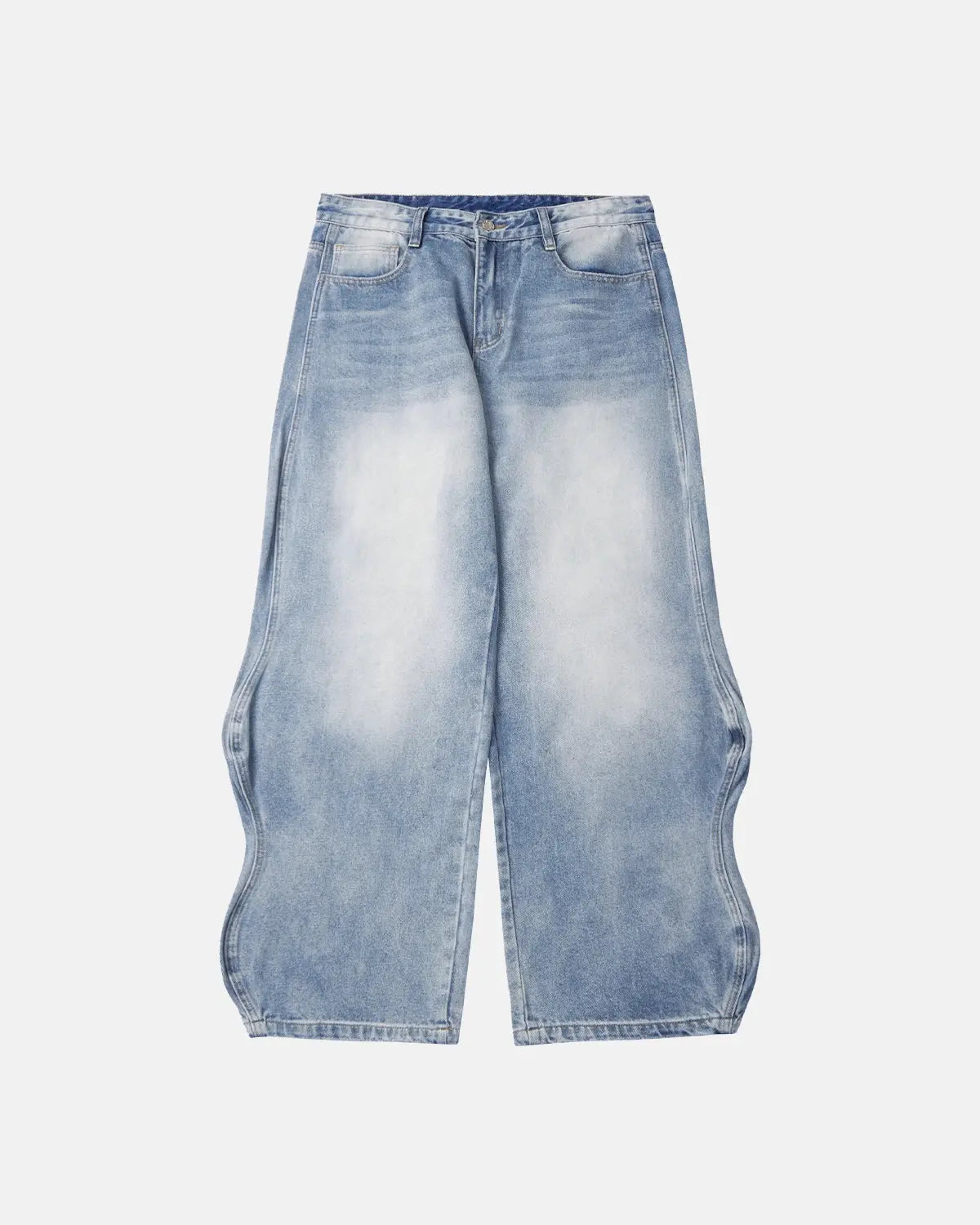 InflationUS Wave Washed Baggy Jeans, relaxed fit denim pants with faded wash and loose style, displayed on a hanger.