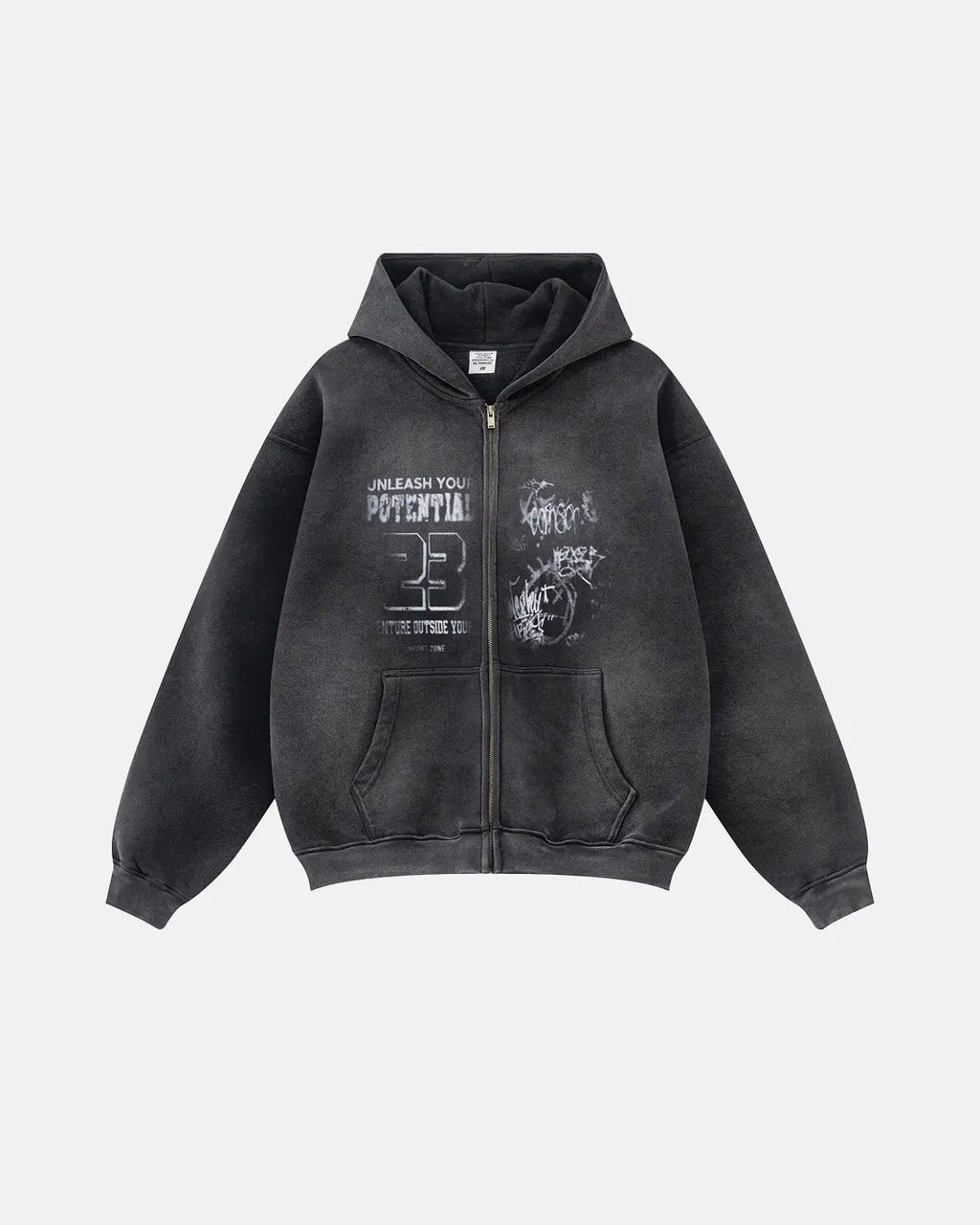 Graphic washed zip-up hoodie from Flation Streetwear with a stylish faded design and front pockets, casual urban fashion.