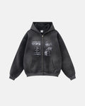 Graphic washed zip-up hoodie from Flation Streetwear with a stylish faded design and front pockets, casual urban fashion.