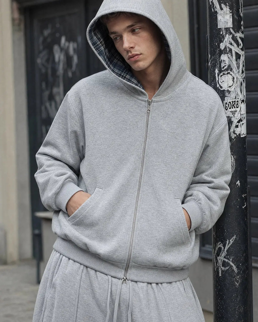 Reversible plaid cropped hoodie by INFLATION Streetwear featuring a stylish two-tone design and casual fit.