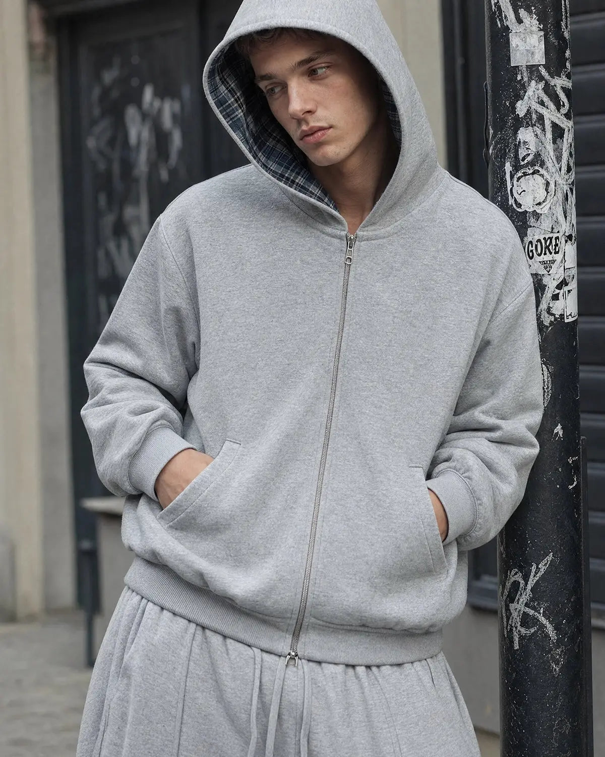 Reversible plaid cropped hoodie by INFLATION Streetwear featuring a stylish two-tone design and casual fit.