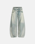 Acid washed baggy jeans with double waist design from INFLATION streetwear, featuring a relaxed fit and distressed detailing.