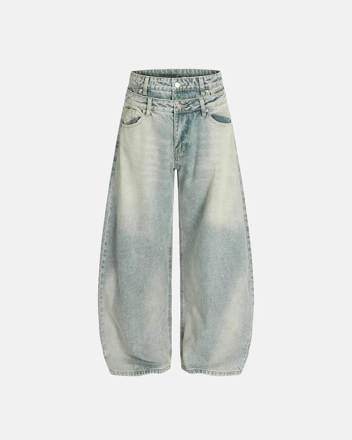 Acid washed baggy jeans with double waist design from INFLATION streetwear, featuring a relaxed fit and distressed detailing.