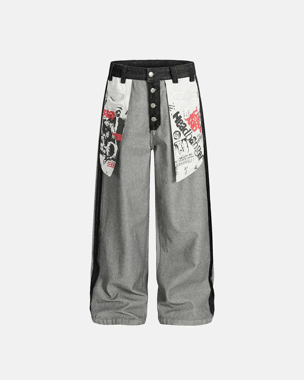 Distressed reverse design baggy jeans by INFLATION featuring ripped details and oversized fit, casual streetwear style.