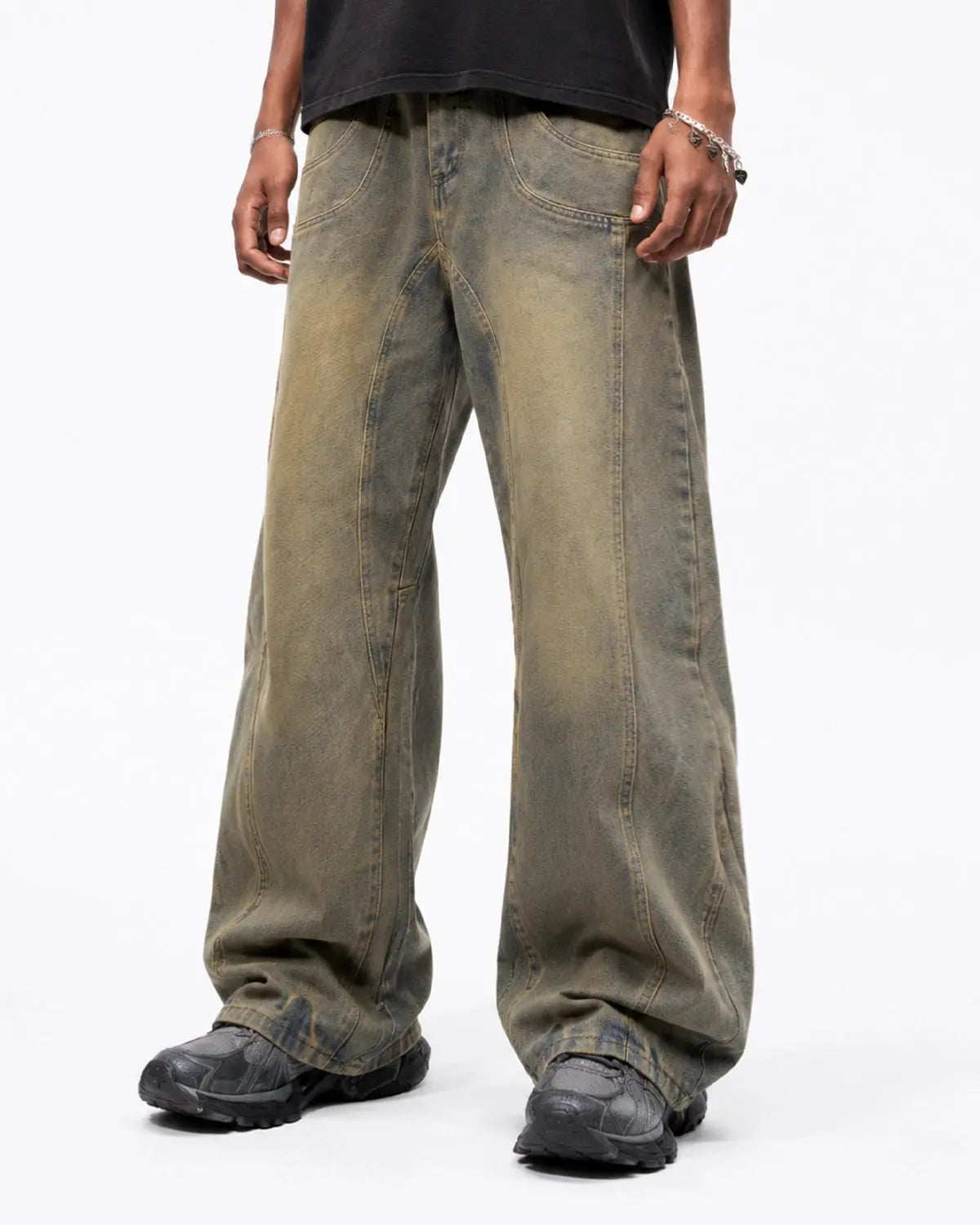 Inflation Streetwear curved panel straight-leg jeans showing the dark denim pants with a relaxed fit and clean design.