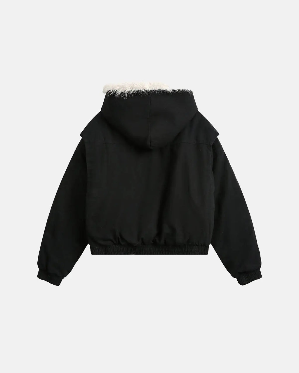 Inflation Streetwear faux fur-lined hooded bomber jacket, shown with a front view, black color, and cozy fur trim.