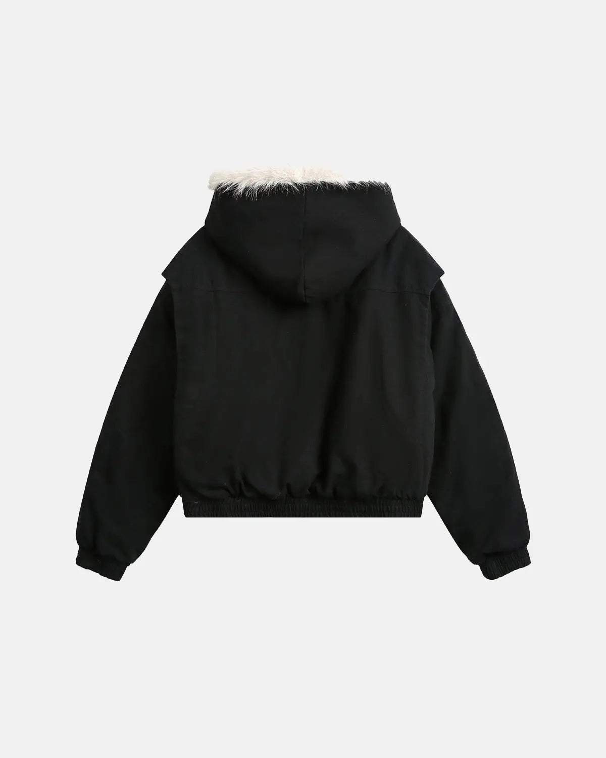 Inflation Streetwear faux fur-lined hooded bomber jacket, shown with a front view, black color, and cozy fur trim.
