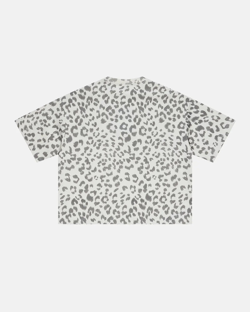Leopard print boxy t-shirt by INFLATION, featuring a casual fit and bold animal pattern, displayed on a plain background.