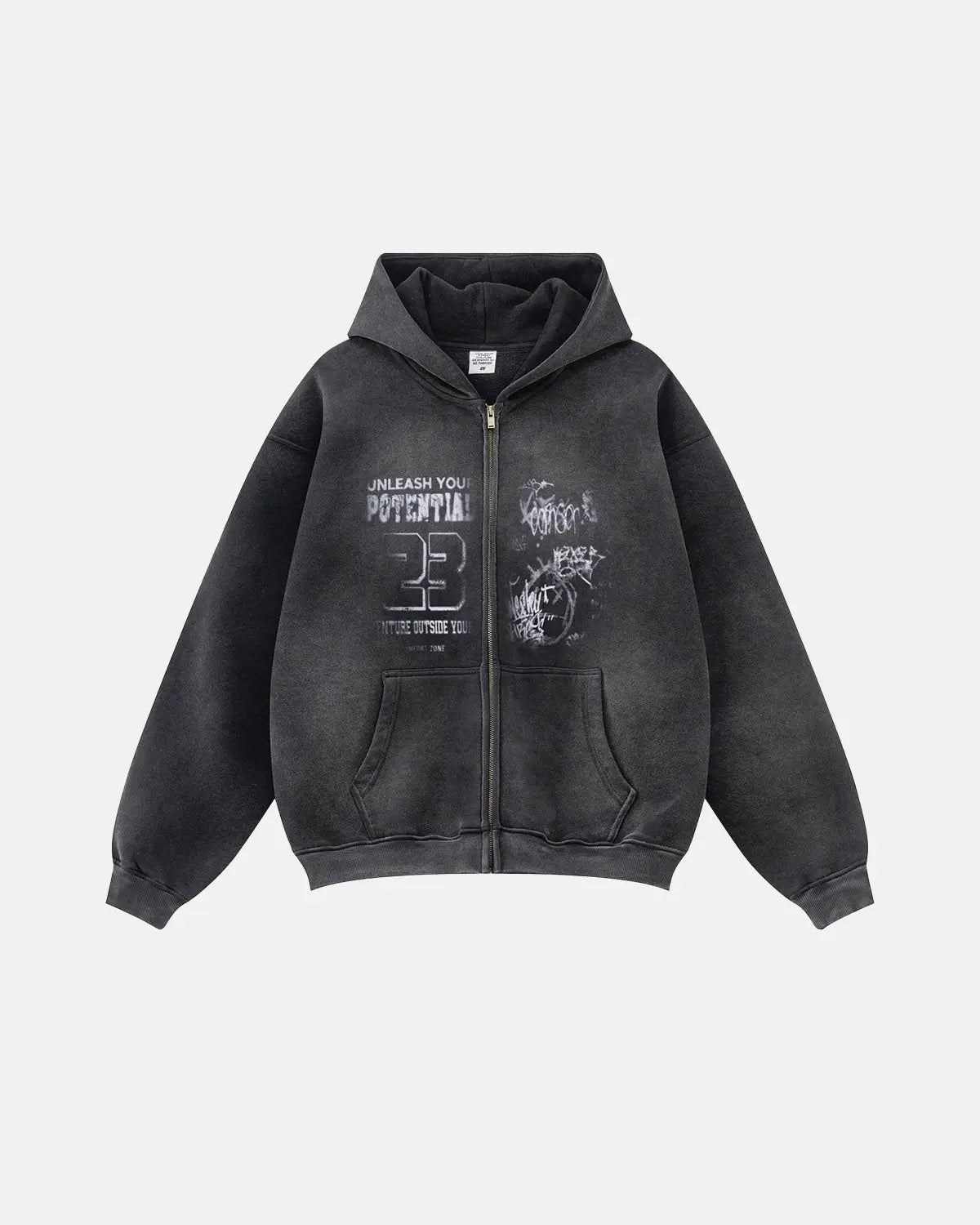 Fresh graphic washed zip-up hoodie from Flation Streetwear featuring a casual design and comfortable fit.