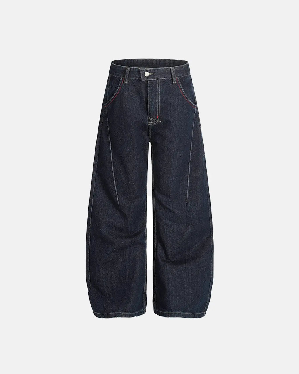 Raw blue deconstructed baggy jeans by INFLATION Streetwear with distressed details and relaxed fit, shown on a model.