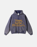 Gray washed zip-up hoodie by Flation with "Your Life Matters" text on the front, casual streetwear style.