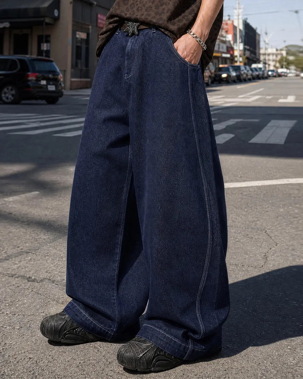 Raw washed barrel jeans by Flation Streetwear, showing relaxed fit denim pants with visible stitching and distressed details.