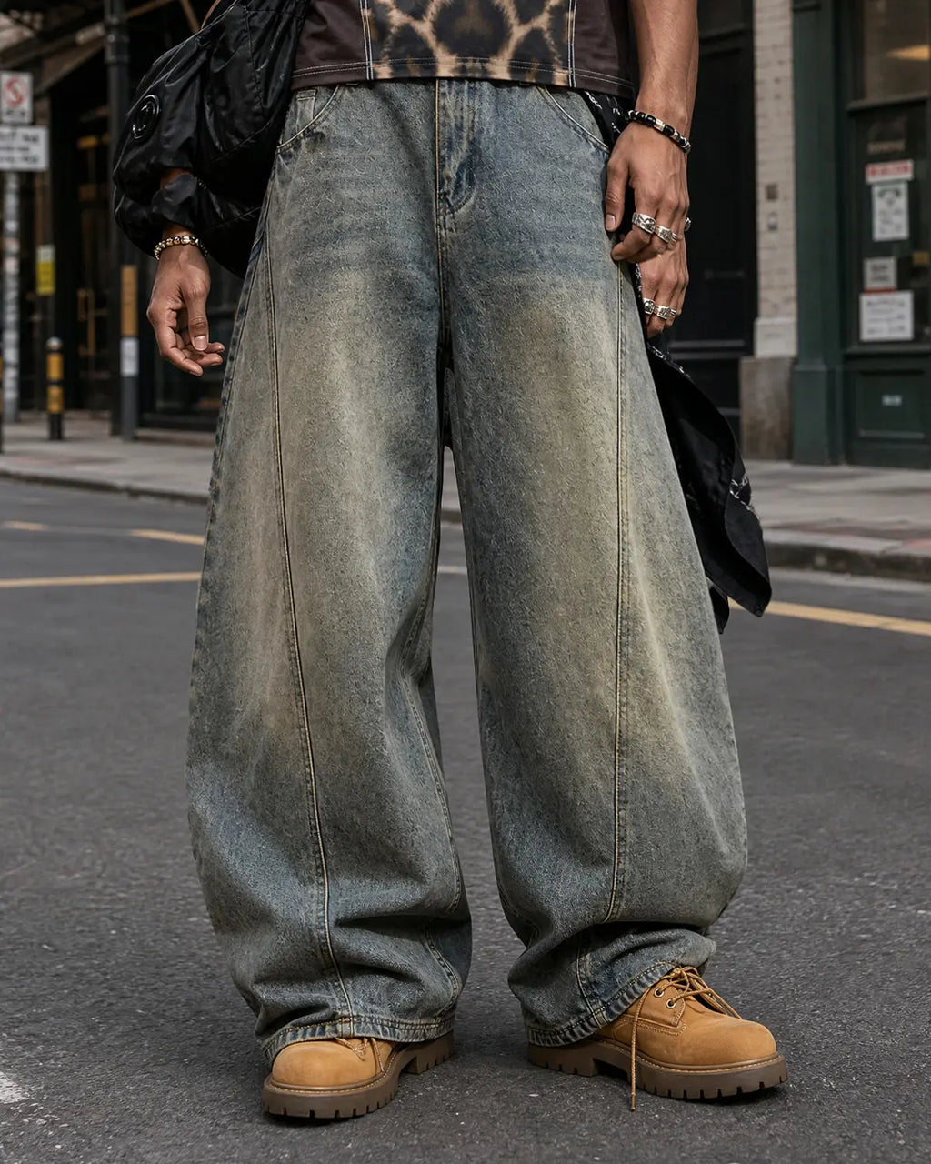 Flation Super Barrel Baggy Jeans, casual streetwear pants with a loose fit and tapered leg, shown in a light denim wash.