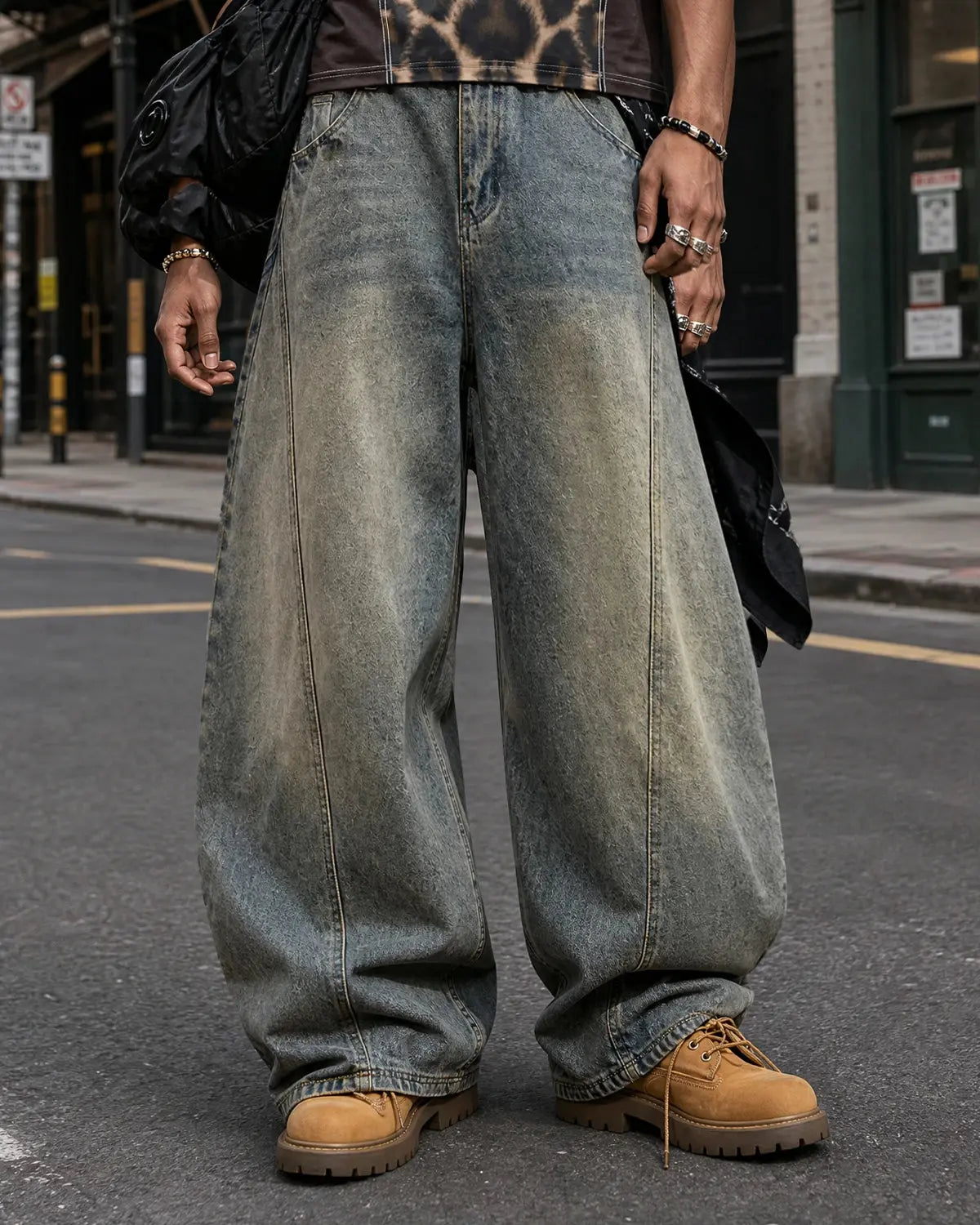 Inflation Super Barrel Baggy Jeans, stylish streetwear pants with a loose fit and modern design, shown in a full-length view.