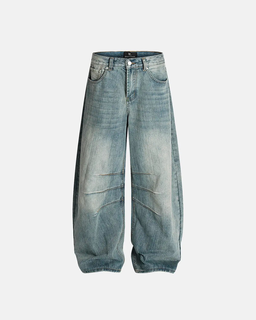 Deconstructed bamboo weave baggy jeans by Flation Streetwear showcasing relaxed fit and eco-friendly bamboo accents.
