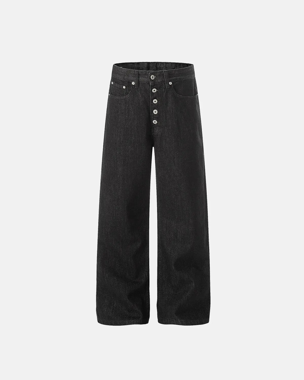 Inflation Raw Buttons Up Baggy Jeans showing relaxed fit, denim fabric, and button details, styled as streetwear fashion.