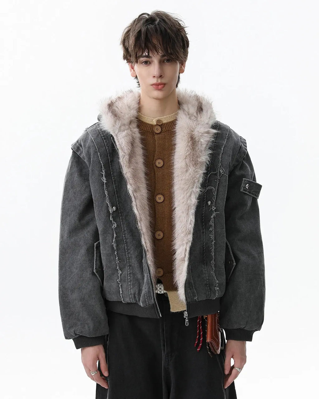 Faux fur lined washed hooded jacket by INFLATION, featuring a casual streetwear style with a cozy hood and textured fabric.
