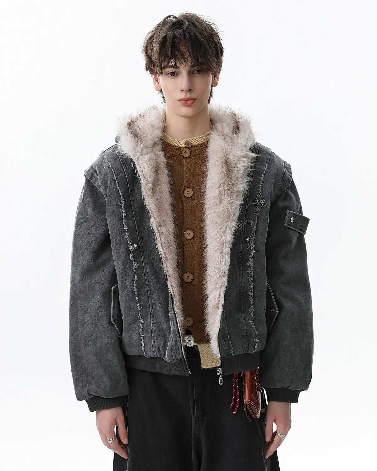 Faux fur lined washed hooded jacket by INFLATION, featuring a casual streetwear style with a cozy hood and textured fabric.