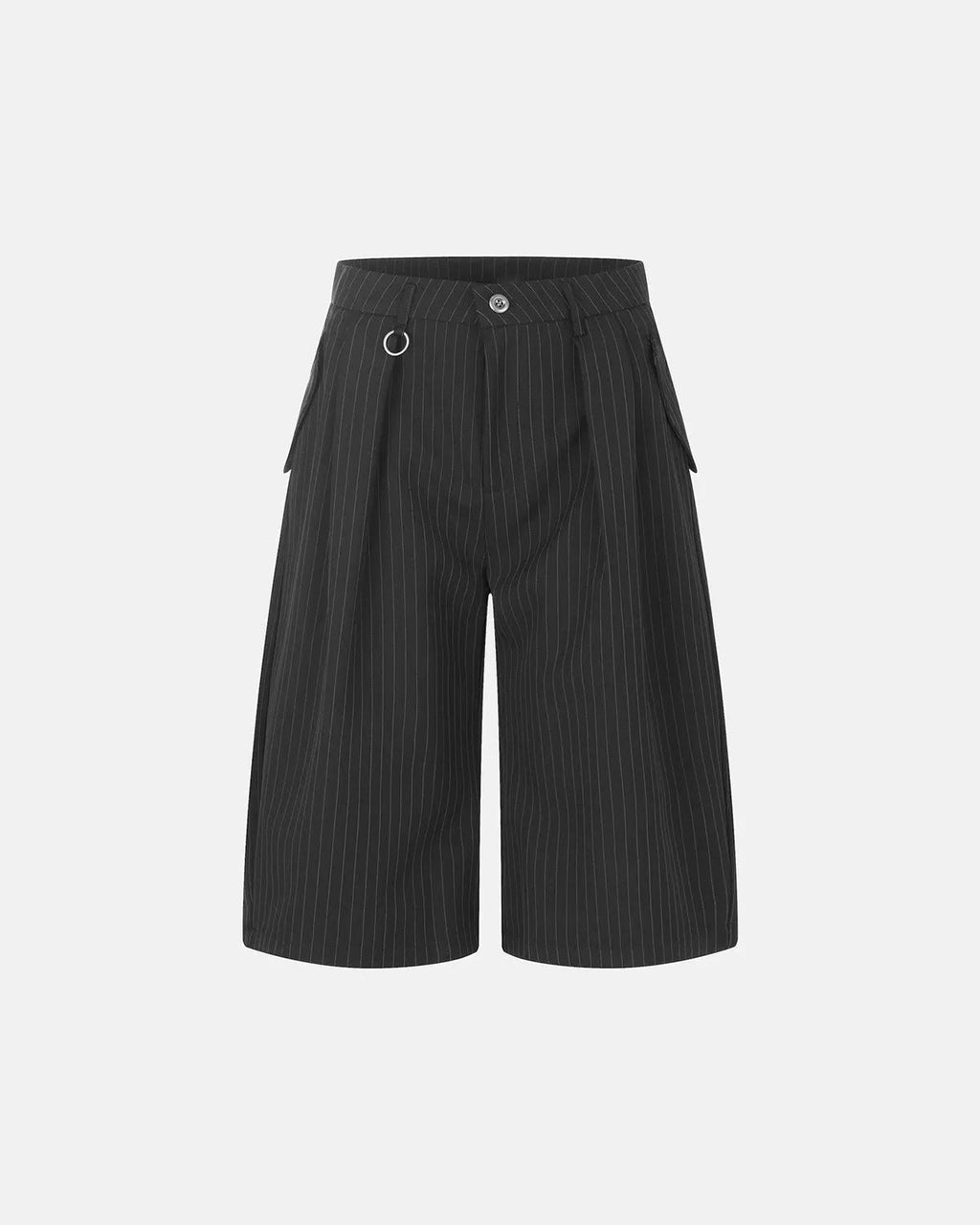 Inflation Streetwear pinstripe pleated tailored shorts with ring detail, featuring a stylish, slim fit design and belt loops.