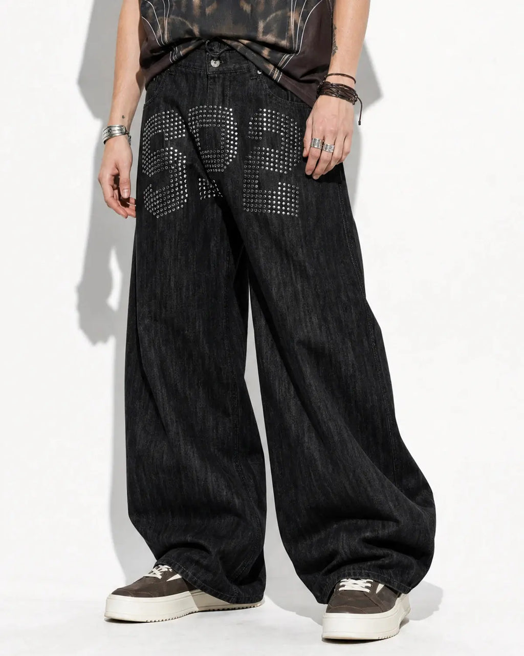 Inflation Rhinestone Number Wide Leg Jeans featuring embellished rhinestones and a relaxed wide-leg fit, stylish streetwear pants.