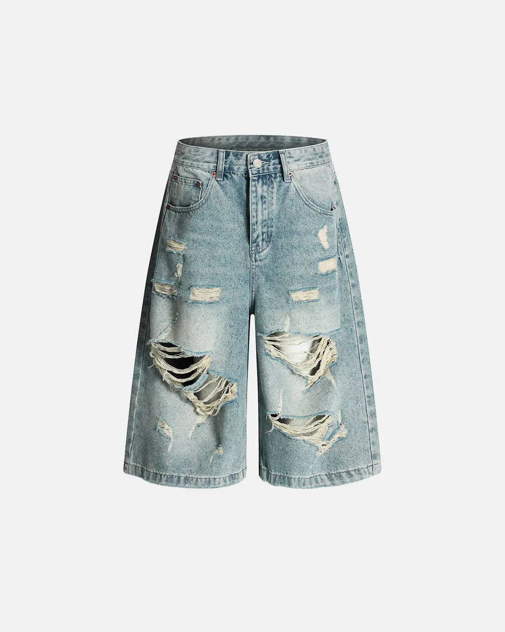 Distressed longline jorts by INFLATION, casual denim pants with frayed edges and a relaxed fit, displayed on a model.