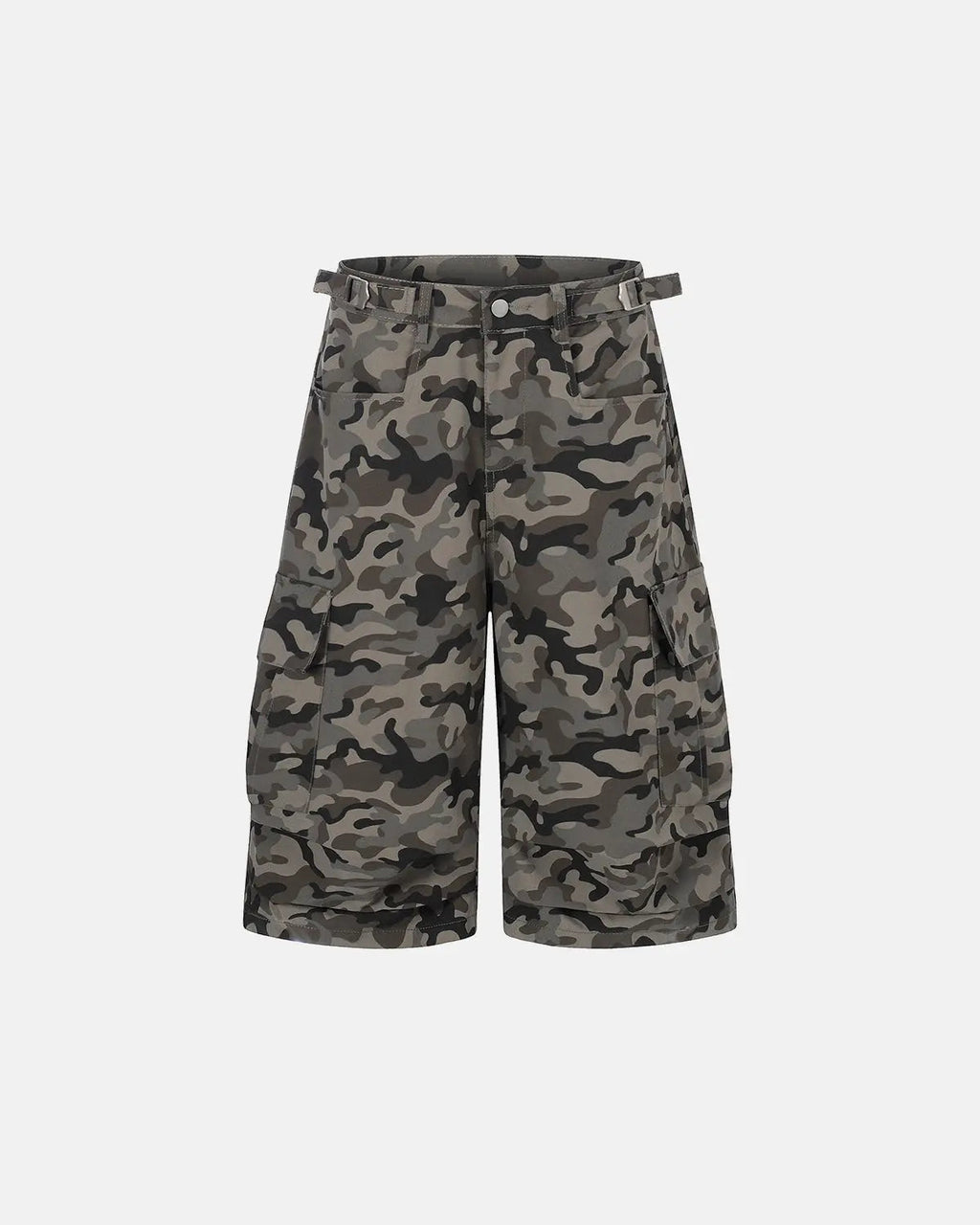 Inflation long camo streetwear shorts, casual pants with green and brown camouflage pattern, relaxed fit and stylish design.