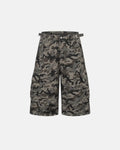 Inflation long camo streetwear shorts, casual pants with green and brown camouflage pattern, relaxed fit and stylish design.