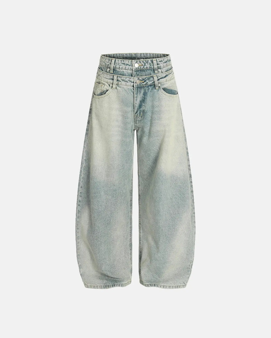 Inflation Double Waist Acid Washed Baggy Jeans with distressed details and relaxed fit, styled on a model for streetwear fashion.