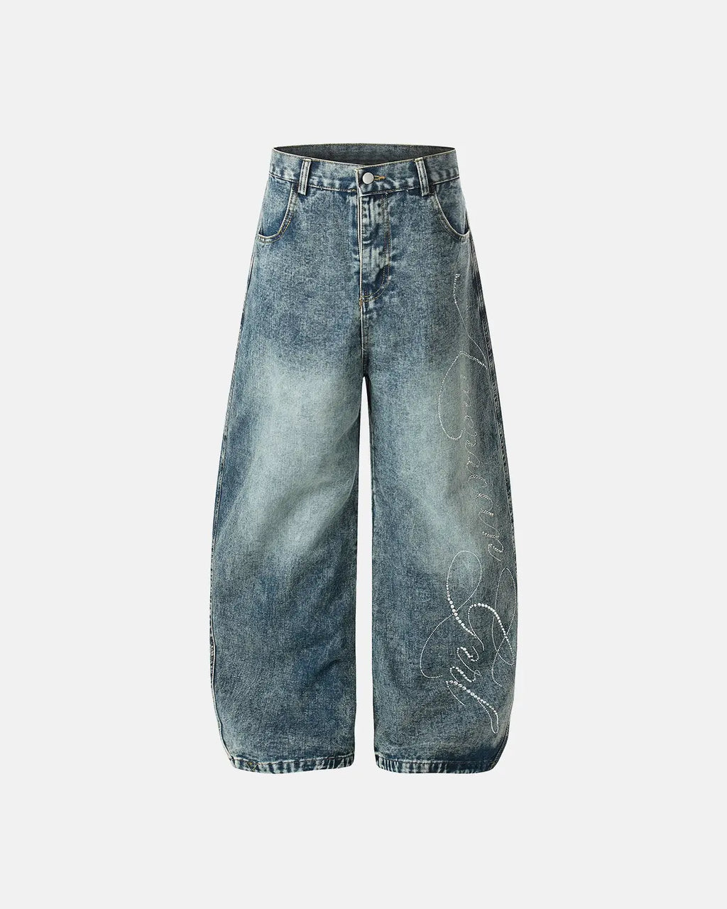 Rhinestone acid wash baggy jeans by INFLATION featuring distressed fabric and rhinestone embellishments, streetwear style.