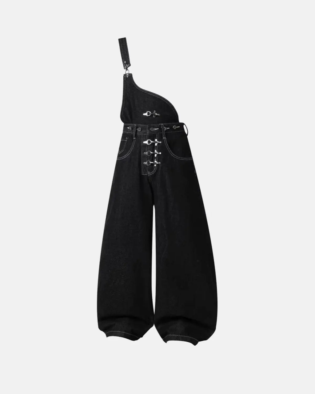 Inflation Streetwear asymmetric buckle denim overalls jeans, casual pants with unique buckle detail and distressed finish.