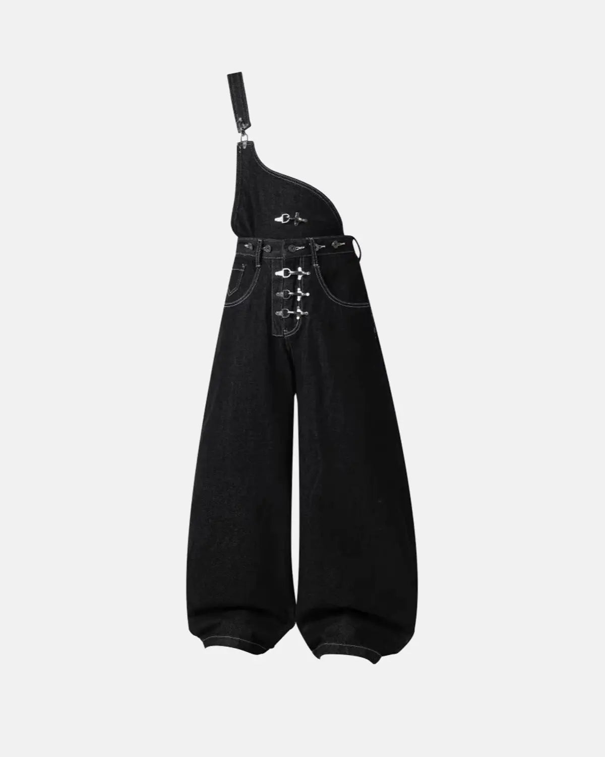 Inflation Streetwear asymmetric buckle denim overalls jeans, casual pants with unique buckle detail and distressed finish.