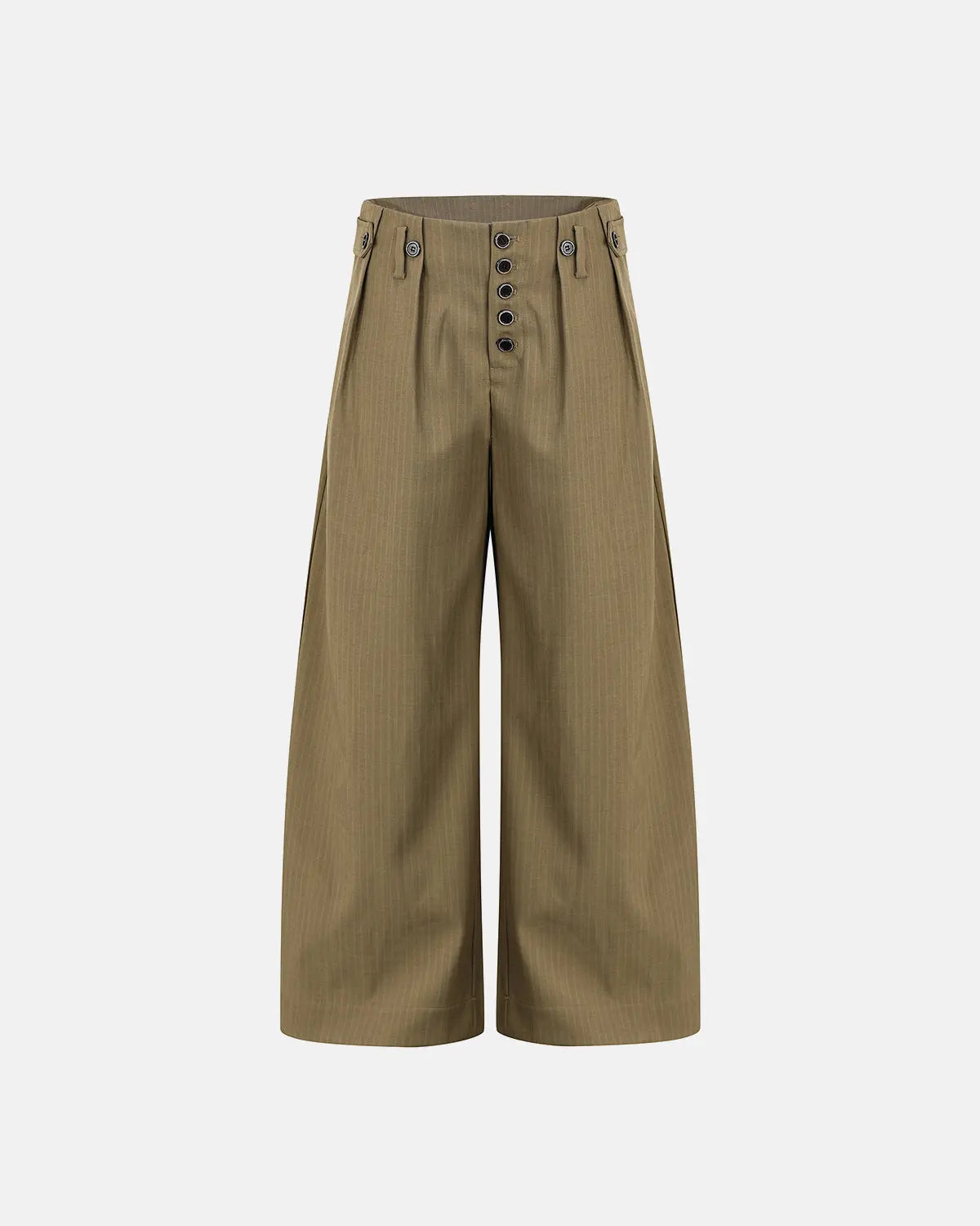 Inflation streetwear pinstripe buttons barrel suit pants hanging on a rack, showcasing tailored fit and classic pinstripe design.