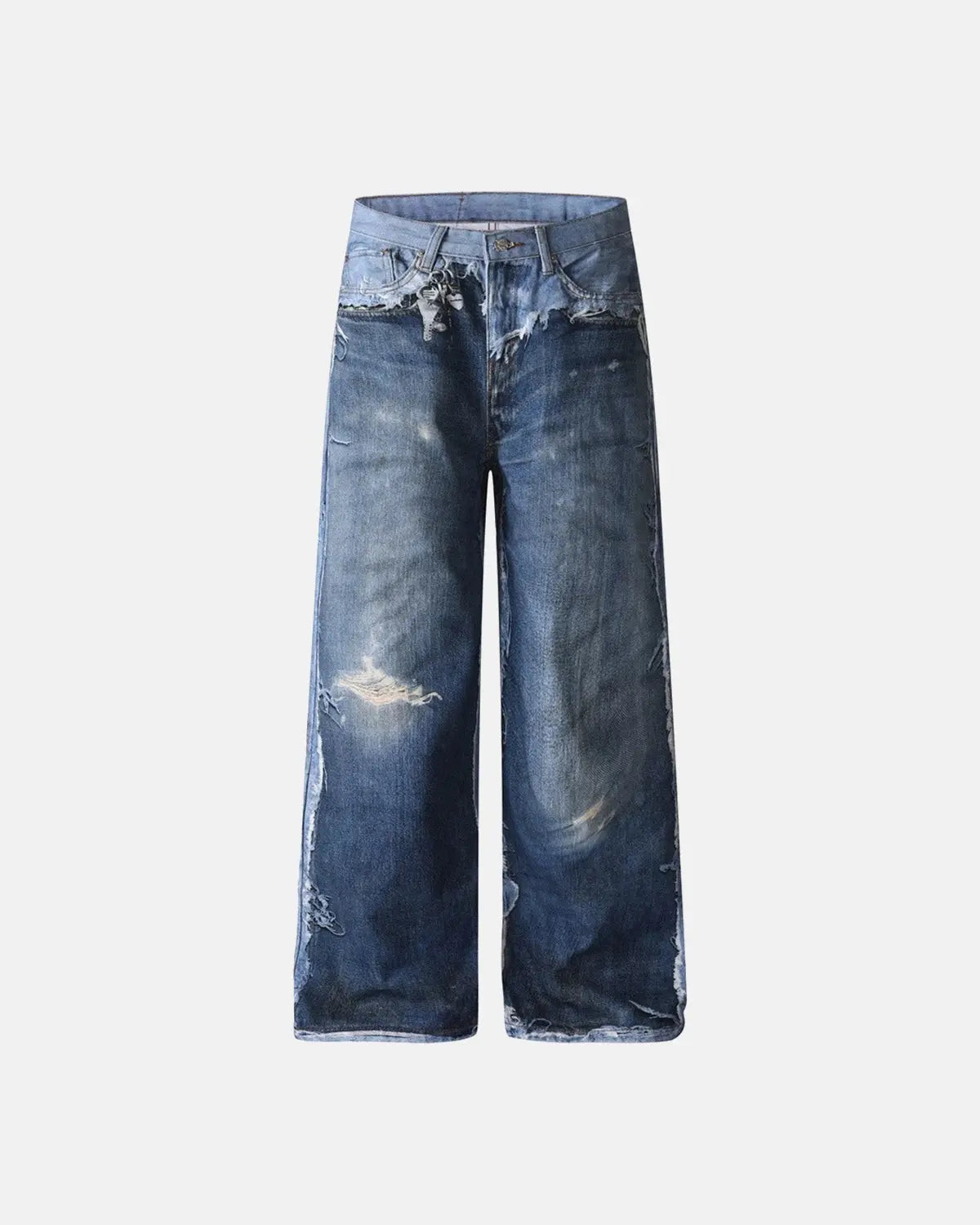 Digital print distressed baggy jeans by INFLATION, featuring a relaxed fit with worn and torn details, perfect for streetwear style.