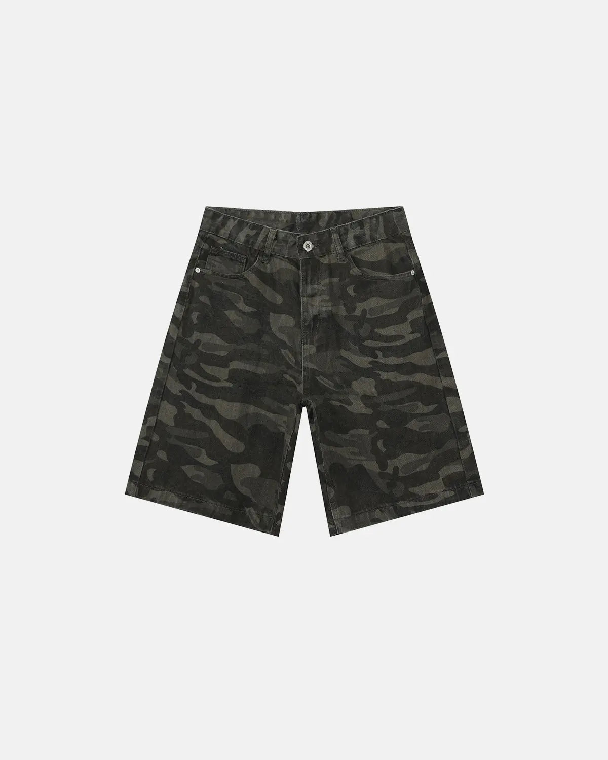 Washed knee-length denim jorts by INFLATION, featuring classic denim fabric and casual rolled hem, styled as streetwear pants.