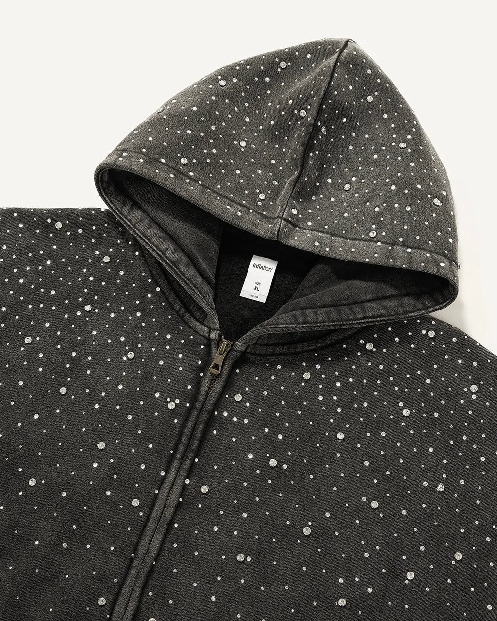 Distressed washed fleece zip-up hoodie with rhinestone accents from Flation Streetwear, featuring a hood and front zipper detail.