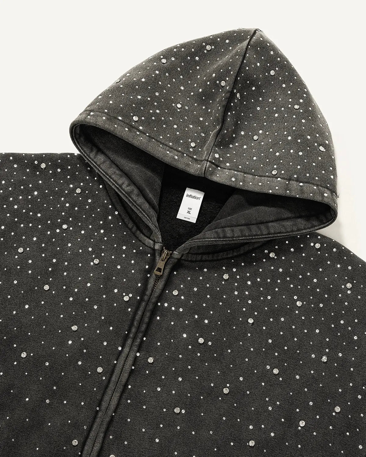 Distressed washed fleece zip-up hoodie with rhinestone accents from Flation Streetwear, featuring a hood and front zipper detail.