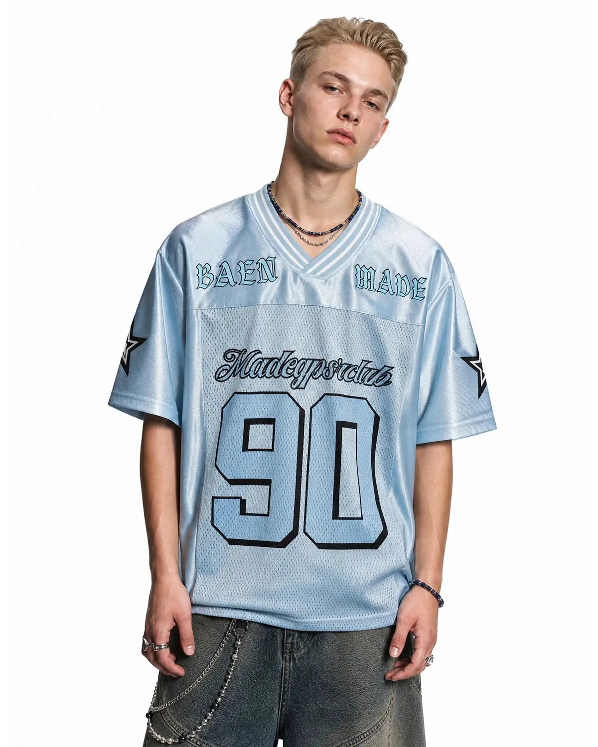 Inflation Streetwear mesh patchwork oversized jersey in black with contrasting fabric panels and relaxed fit.